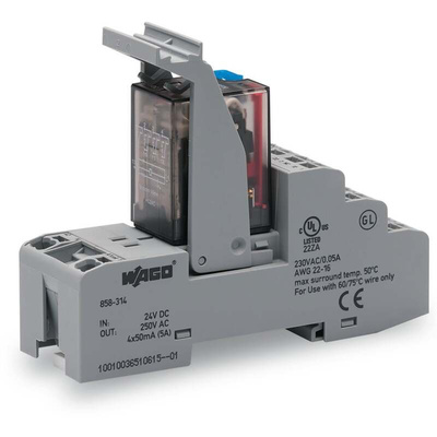 Wago 858 Series Relay Module, DIN Rail Mount, 24V dc Coil, 4PDT, 4-Pole, 5A Load