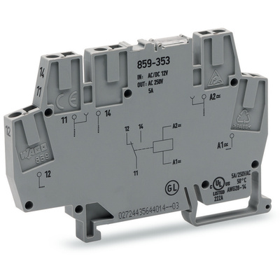 Wago 859 Series Relay Module, DIN Rail Mount, 115V ac/dc Coil, SPDT, 1-Pole, 5A Load