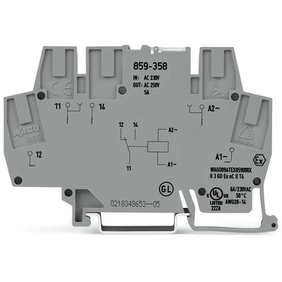 Wago 859 Series Relay Module, DIN Rail Mount, 230V ac/dc Coil, SPDT, 1-Pole, 5A Load