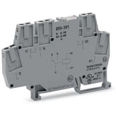 Wago 859 Series Relay Module, DIN Rail Mount, 110V dc Coil, SPDT, 1-Pole, 5A Load