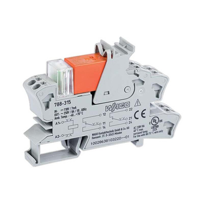 Wago 788 Series Relay Module, DIN Rail Mount, 110V dc Coil, DPDT, 2-Pole, 8A Load
