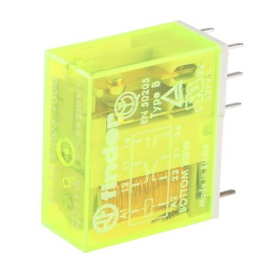 Finder PCB Mount Force Guided Relay, 5V dc Coil Voltage, 2 Pole, DPDT