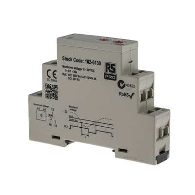 RS PRO Voltage Monitoring Relay, 1 Phase, SPDT, 12 → 24V dc, DIN Rail