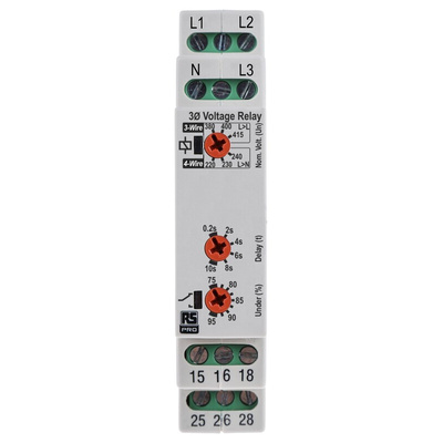 RS PRO Phase, Voltage Monitoring Relay, 3 Phase, DPDT, 243 → 540 V, DIN Rail, Surface Mount