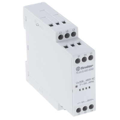 Finder Voltage Monitoring Relay, 3 Phase, DPDT, 208 → 480V ac, DIN Rail