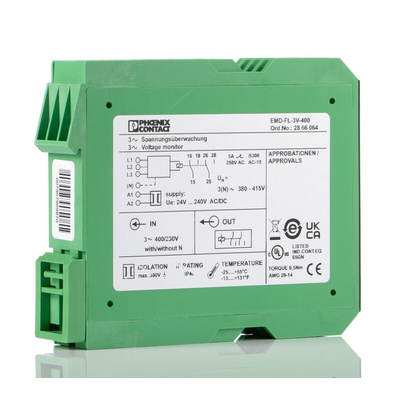 Phoenix Contact Phase, Voltage Monitoring Relay, 3 Phase, DPDT, 280 → 520V ac, DIN Rail