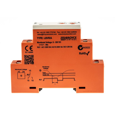 Broyce Control Voltage Monitoring Relay, SPDT, 12 → 24V dc, DIN Rail
