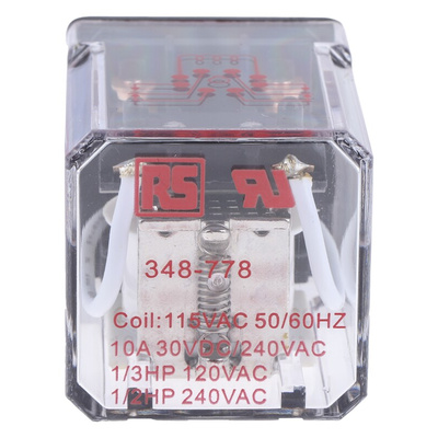 RS PRO Plug In Power Relay, 115V ac Coil, 10A Switching Current, DPDT