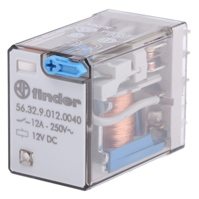 Finder Plug In Power Relay, 12V dc Coil, 12A Switching Current, DPDT