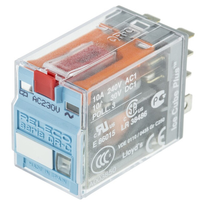 Releco Plug In Power Relay, 230V ac Coil, 10A Switching Current, DPDT