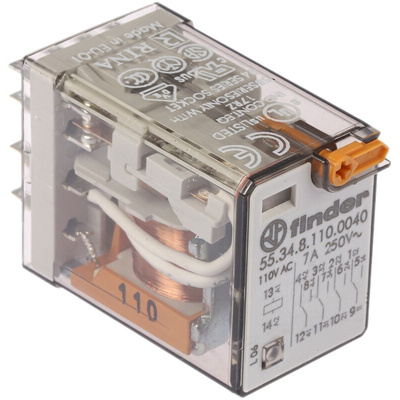 Finder Plug In Power Relay, 110V ac Coil, 7A Switching Current, 4PDT