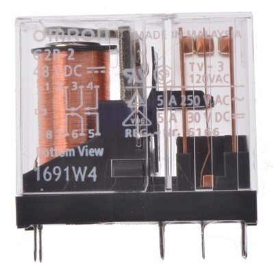 Omron PCB Mount Power Relay, 48V dc Coil, 5A Switching Current, DPDT