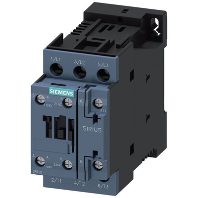 Siemens 3RT2 Series Contactor, 220 V dc Coil, 3-Pole, 9 A, 4 kW, 1 NO + 1 NC