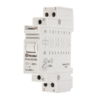 Finder DIN Rail Latching Power Relay, 230V ac Coil, 16A Switching Current, DPST