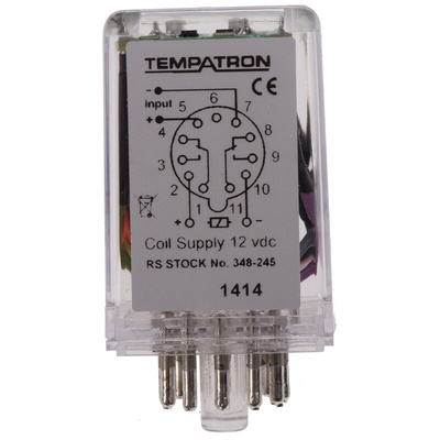 Tempatron Plug In Power Relay, 12V dc Coil, 7A Switching Current, DPDT