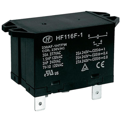 Hongfa Europe GMBH Flange Mount Power Relay, 230V ac Coil, 30A Switching Current, SPST