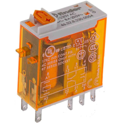 Finder Plug In Power Relay, 230V ac Coil, 8A Switching Current, DPDT