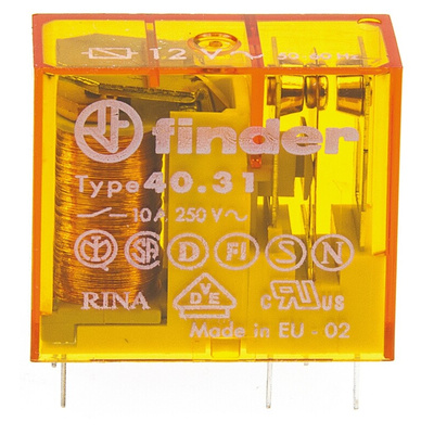 Finder PCB Mount Power Relay, 12V ac Coil, 10A Switching Current, SPDT