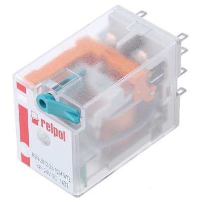 Relpol Plug In Power Relay, 24V dc Coil, 12A Switching Current, DPDT