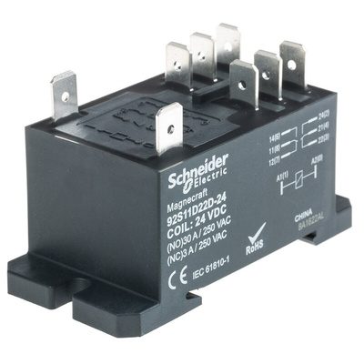 Schneider Electric Panel Mount Power Relay, 24V dc Coil, 20A Switching Current, DPDT