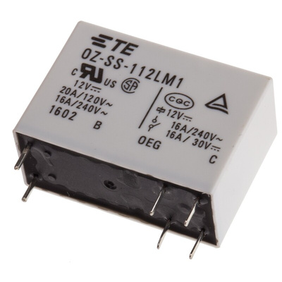 TE Connectivity PCB Mount Power Relay, 12V dc Coil, 16A Switching Current, SPST