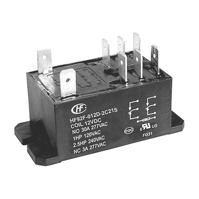 Hongfa Europe GMBH Flange Mount Power Relay, 12V dc Coil, 30A Switching Current, DPDT