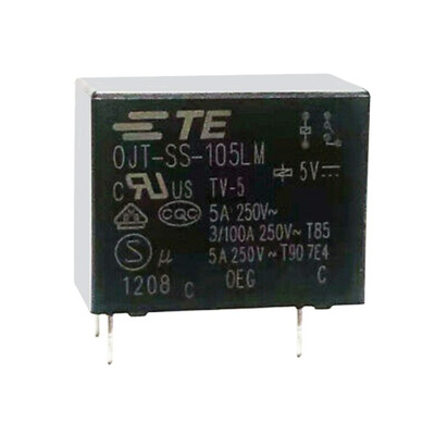 TE Connectivity PCB Mount Power Relay, 5V dc Coil, 5A Switching Current, SPST