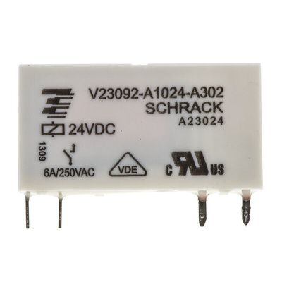 TE Connectivity PCB Mount Power Relay, 24V dc Coil, 6A Switching Current, SPST
