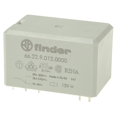 Finder PCB Mount Power Relay, 12V dc Coil, 30A Switching Current, DPDT