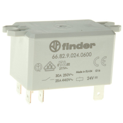 Finder Flange Mount Power Relay, 24V dc Coil, 30A Switching Current, DPST