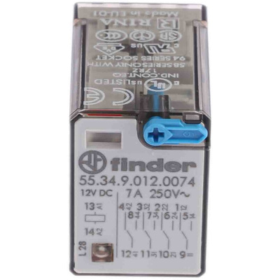 Finder Plug In Power Relay, 12V dc Coil, 7A Switching Current, 4PDT