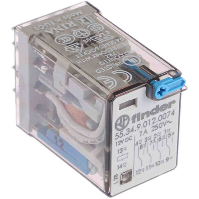 Finder Plug In Power Relay, 12V dc Coil, 7A Switching Current, 4PDT