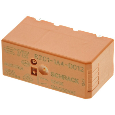 TE Connectivity PCB Mount Power Relay, 12V dc Coil, 12A Switching Current, SPST