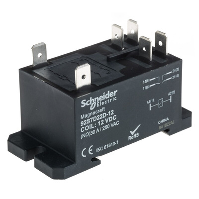 Schneider Electric Panel Mount Power Relay, 12V dc Coil, 20A Switching Current, DPST