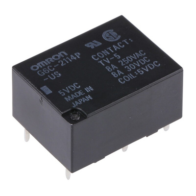 Omron PCB Mount Power Relay, 5V dc Coil, 8A Switching Current, DPST