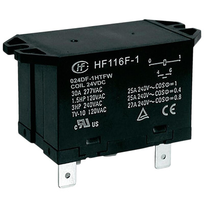 Hongfa Europe GMBH Flange Mount Power Relay, 24V dc Coil, 30A Switching Current, SPST