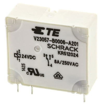 TE Connectivity PCB Mount Power Relay, 24V dc Coil, 8A Switching Current, SPDT