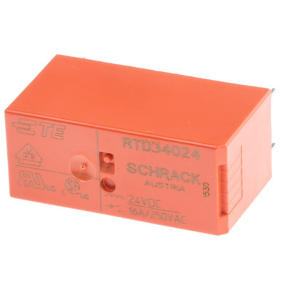 TE Connectivity PCB Mount Power Relay, 24V dc Coil, 16A Switching Current, SPST