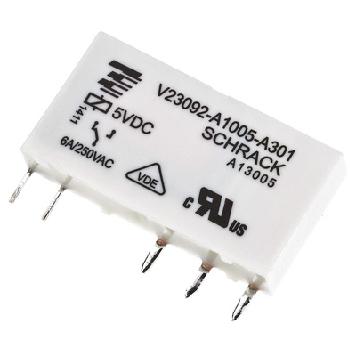 TE Connectivity PCB Mount Power Relay, 5V dc Coil, 6A Switching Current, SPDT