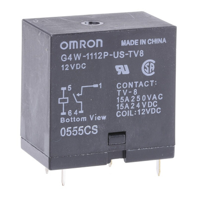 Omron PCB Mount Power Relay, 12V dc Coil, 15A Switching Current, SPST