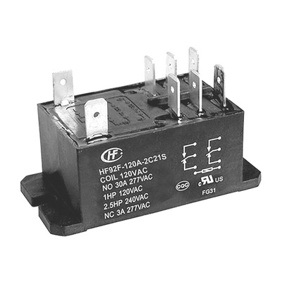 Hongfa Europe GMBH Flange Mount Power Relay, 120V ac Coil, 30A Switching Current, DPDT