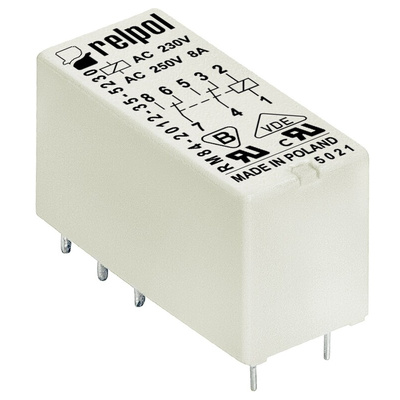 Relpol PCB Mount Power Relay, 110V dc Coil, 8A Switching Current, DPDT