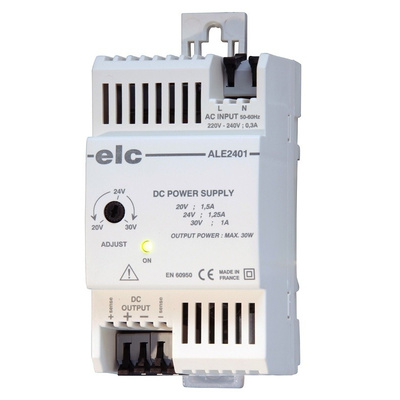 ELC Switch Mode DIN Rail Panel Mount Power Supply 190 → 264V ac Input Voltage, 24V dc Output Voltage, 1.25A
