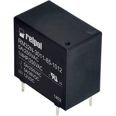 Relpol PCB Mount Power Relay, 12V dc Coil, 5A Switching Current, SPST