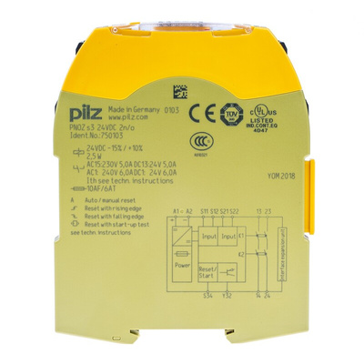 Pilz Dual-Channel Emergency Stop, Light Beam/Curtain, Safety Switch/Interlock Safety Relay, 24V dc, 2 Safety Contacts