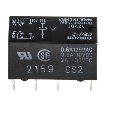 Omron PCB Mount Signal Relay, 12V dc Coil, 2A Switching Current, DPDT