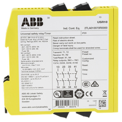 ABB Jokab Dual-Channel Safety Switch Safety Relay, 24V dc, 4 Safety Contacts