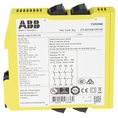 ABB Jokab Dual-Channel Safety Switch Safety Relay, 265 V ac, 375V dc, 4 Safety Contacts
