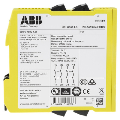 ABB Jokab Dual-Channel Safety Switch Safety Relay, 24V dc, 4 Safety Contacts