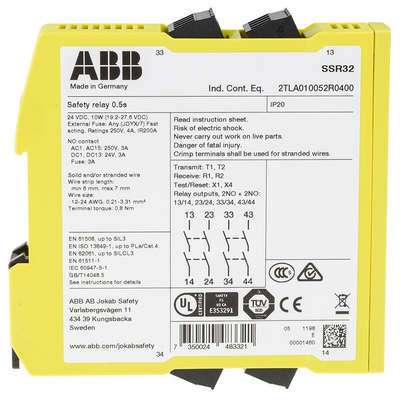 ABB Jokab Dual-Channel Safety Switch Safety Relay, 24V dc, 4 Safety Contacts